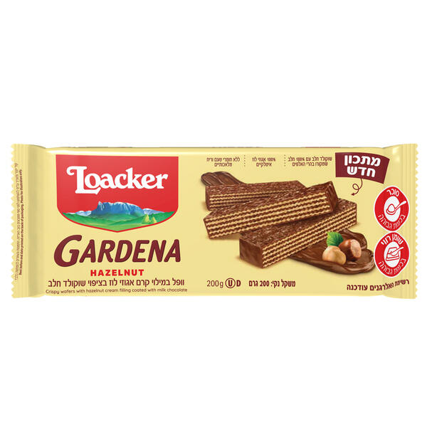 עוגיות וופל במילוי קרם אגוזי לוז בציפוי שוקולד חלב לואקר